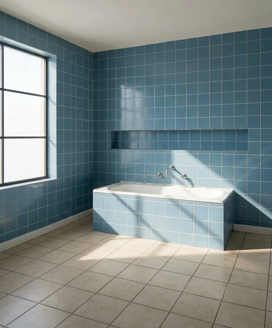 Baño antes de la reforma, con paredes y bañera alicatadas en azul y suelo de baldosa